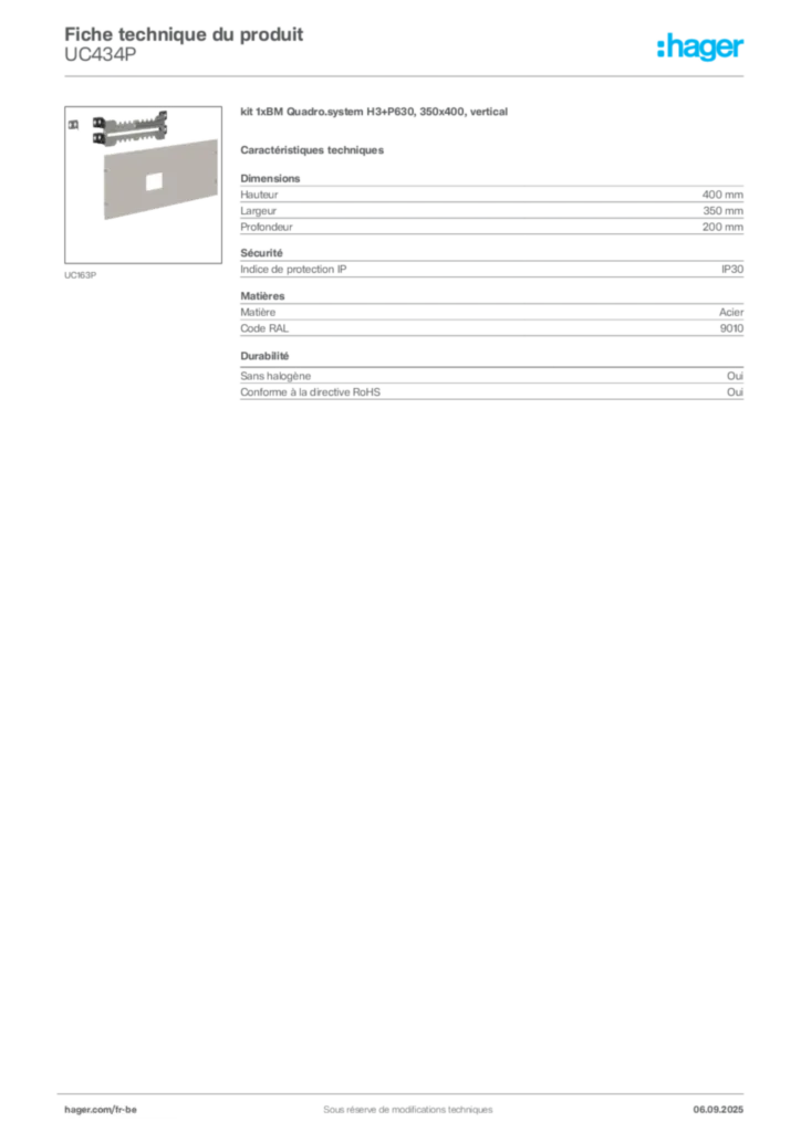 Image Hager Fiche technique du produit UC434P | Hager Belgique
