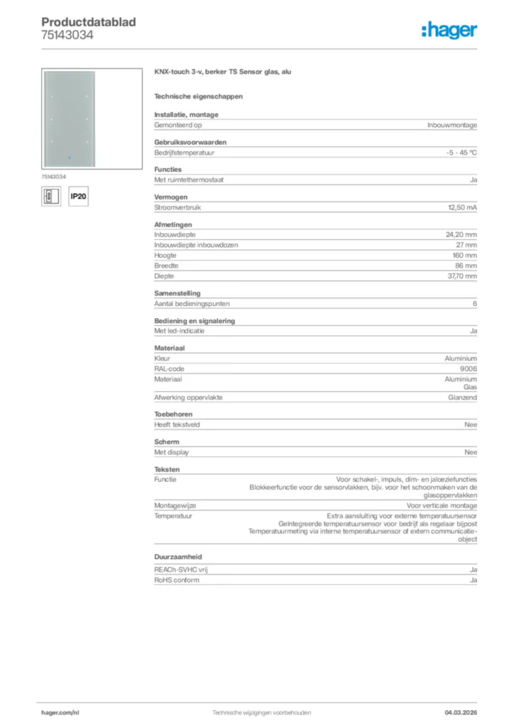 Afbeelding Hager Productdatablad 75143034 | Hager Nederland