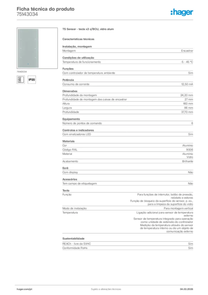 Imagem Hager Ficha técnica do produto 75143034 | Hager Portugal