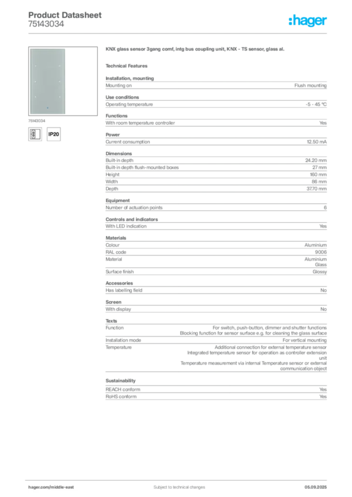 Image Hager Product data sheet 75143034  | Hager
