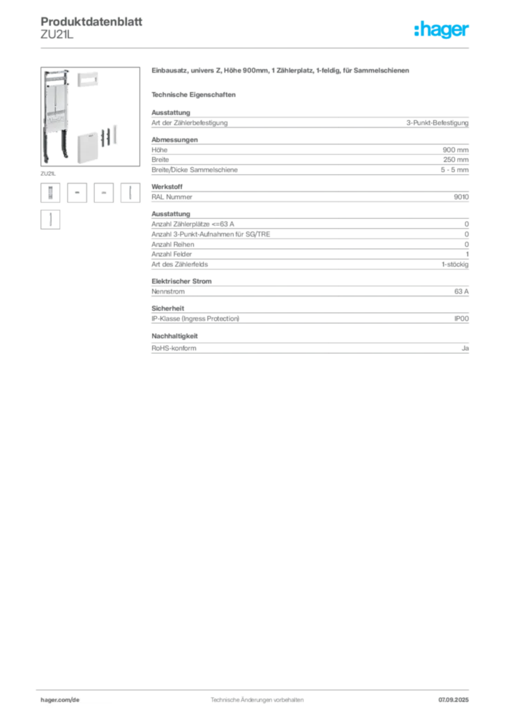 Bild Hager Produktdatenblatt ZU21L | Hager Deutschland