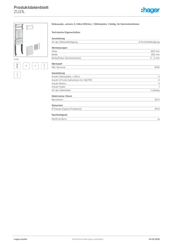 Bild Hager Produktdatenblatt ZU21L | Hager Deutschland