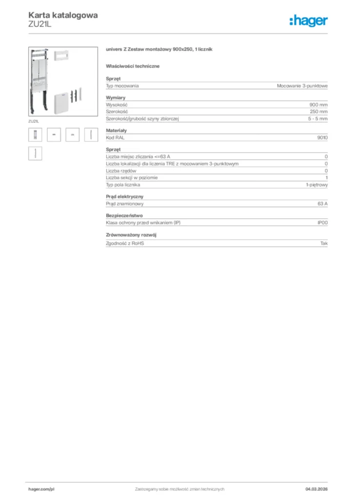 Zdjęcie Hager Karta katalogowa ZU21L | Hager Polska