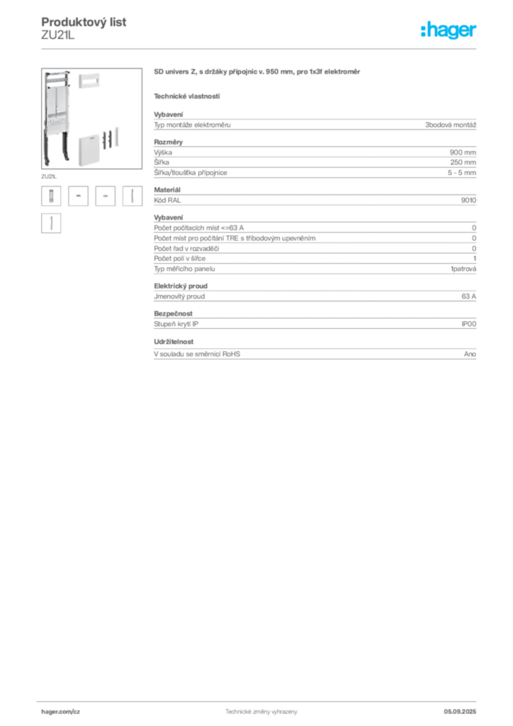 Obrázek Hager Produktový list ZU21L | Hager