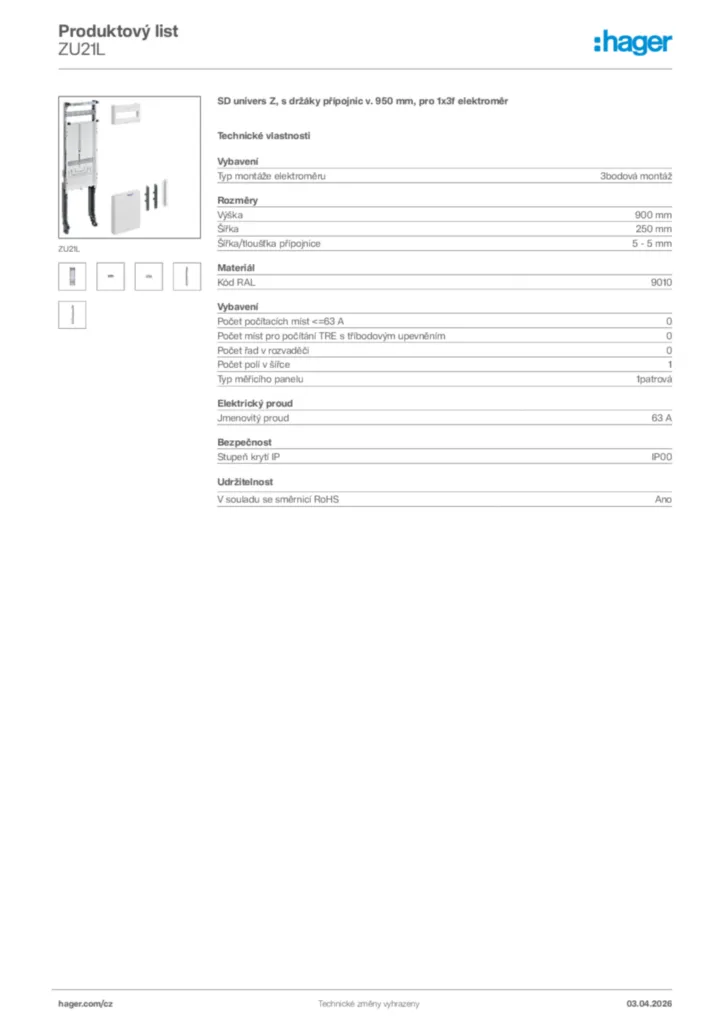 Obrázek Hager Product data sheet ZU21L | Hager