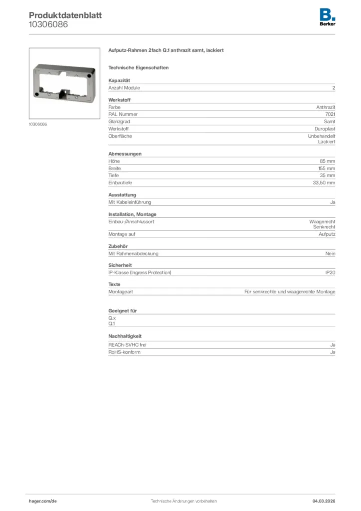 Bild Berker Produktdatenblatt 10306086 | Hager Deutschland