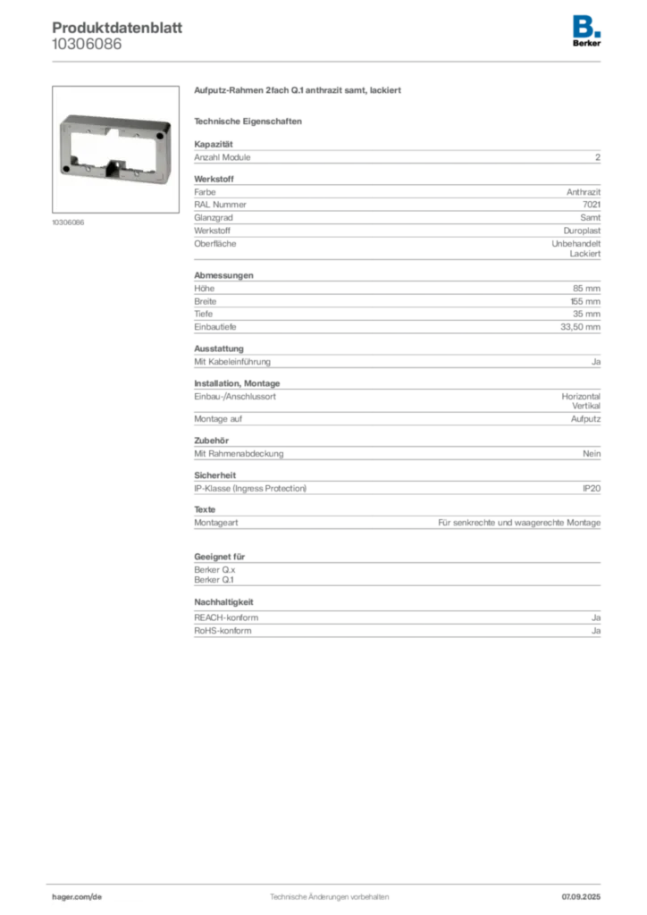 Bild Berker Produktdatenblatt 10306086 | Hager Deutschland