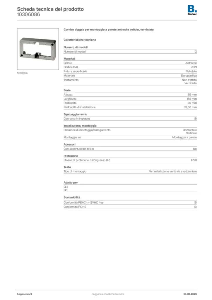 Immagine Berker Scheda tecnica del prodotto 10306086 | Hager Italia