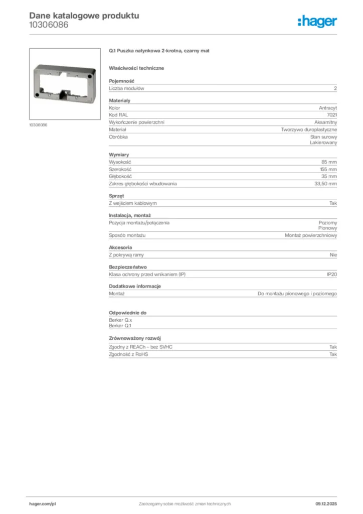 Zdjęcie Hager Dane katalogowe produktu 10306086 | Hager Polska