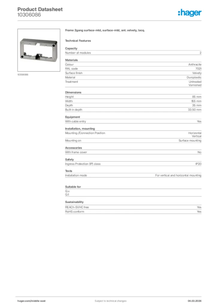 Image Hager Product data sheet 10306086  | Hager
