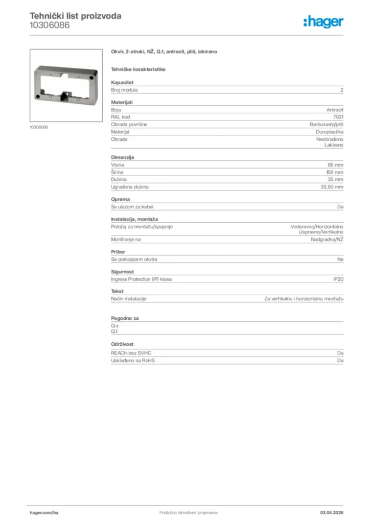 Slika Hager Tehnički list proizvoda 10306086  | Hager