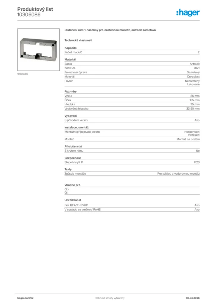 Obrázek Hager Product data sheet 10306086 | Hager