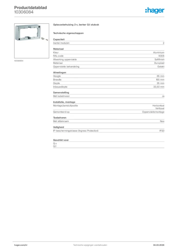 Afbeelding Hager Productdatablad 10306084 | Hager Nederland