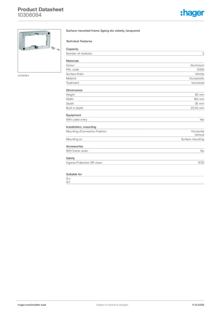 Image Hager Product data sheet 10306084  | Hager