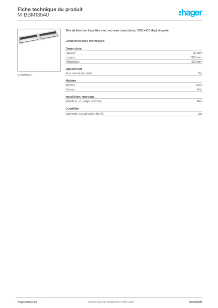 Image Hager Fiche technique du produit M-BBM13540 | Hager Suisse