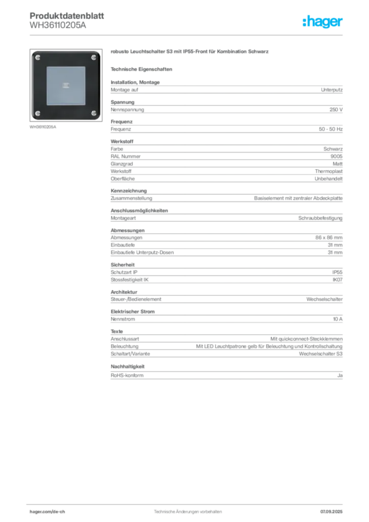Bild Hager Produktdatenblatt WH36110205A | Hager Schweiz