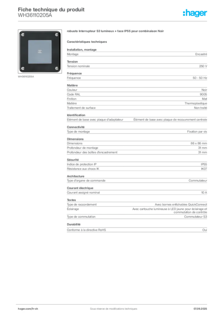 Image Hager Fiche technique du produit WH36110205A | Hager Suisse