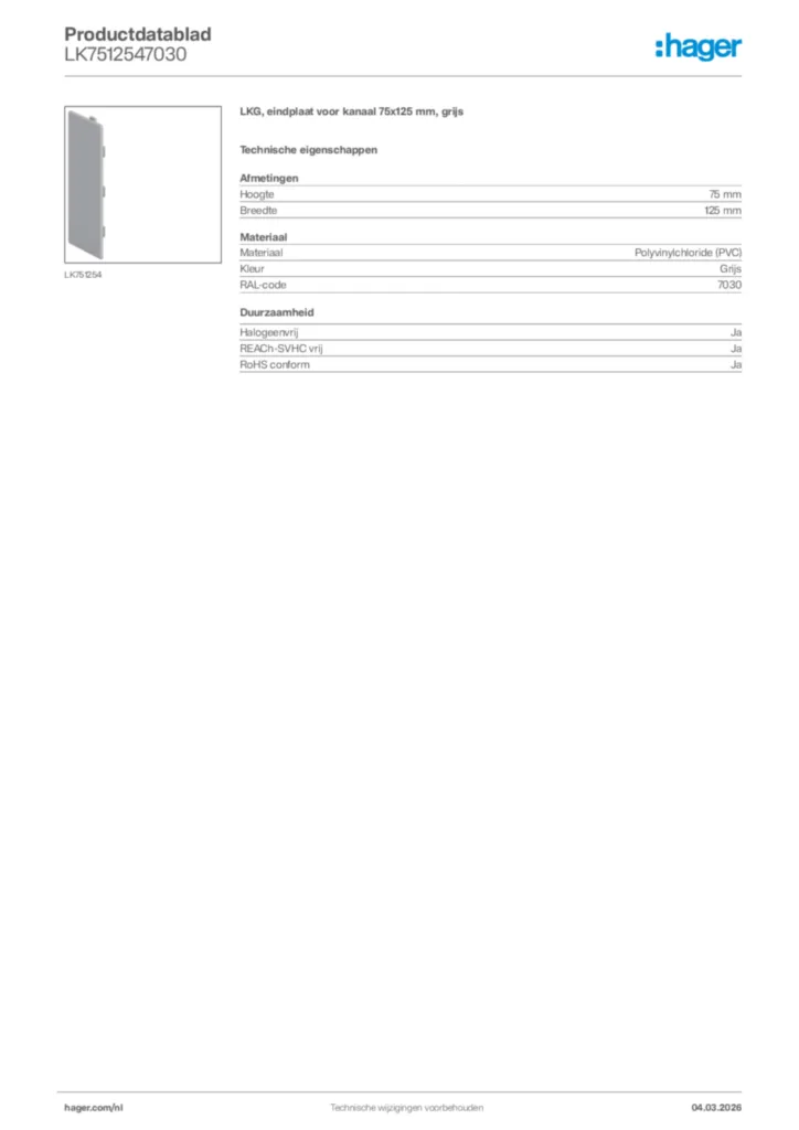 Afbeelding Hager Productdatablad LK7512547030 | Hager Nederland