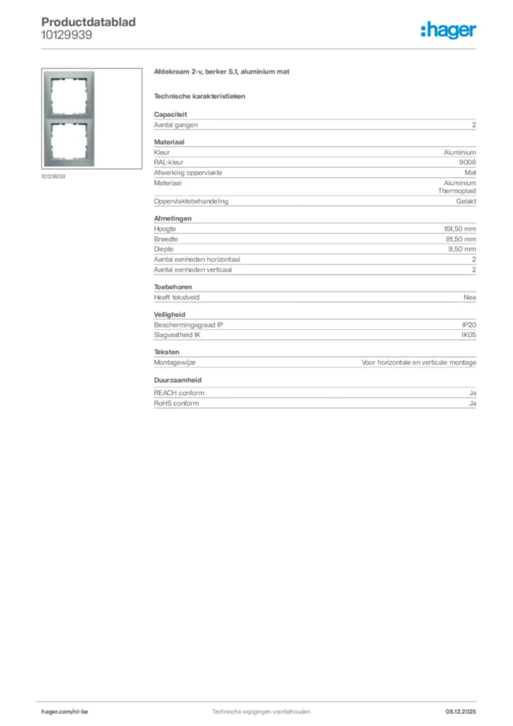 Afbeelding Hager Productdatablad 10129939 | Hager Belgium