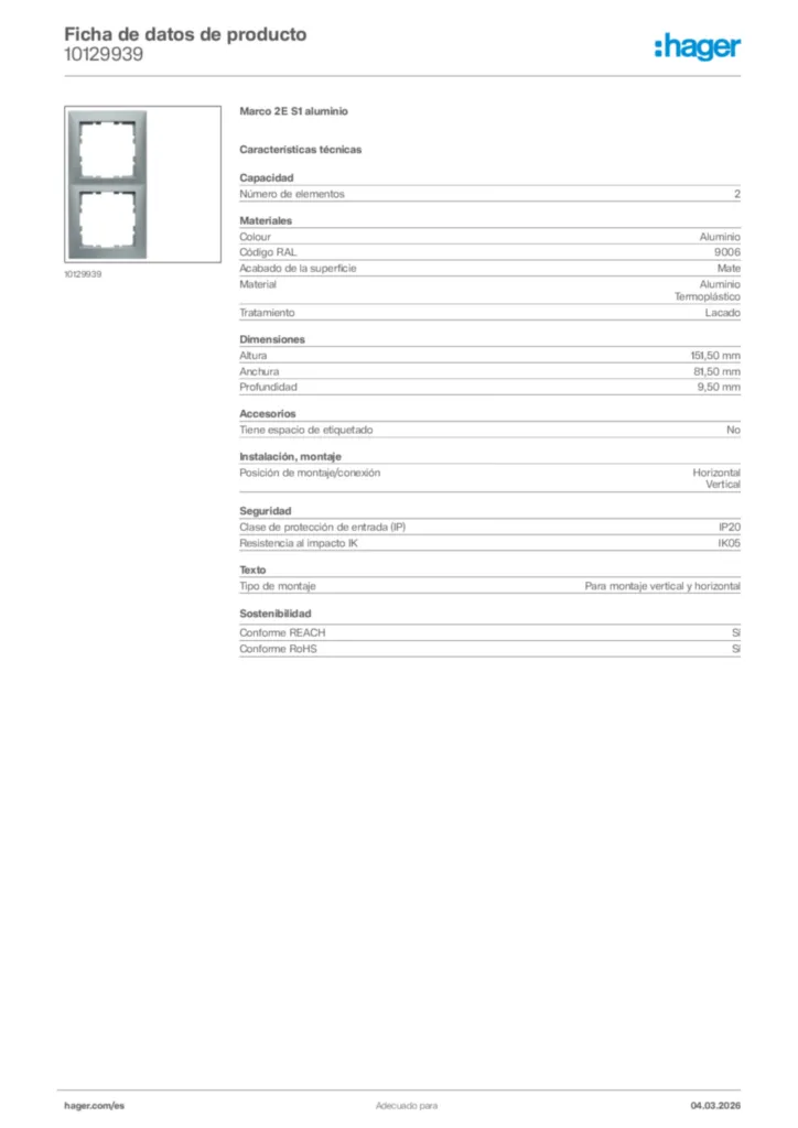 Imagen Hager Ficha de datos de producto 10129939 | Hager España