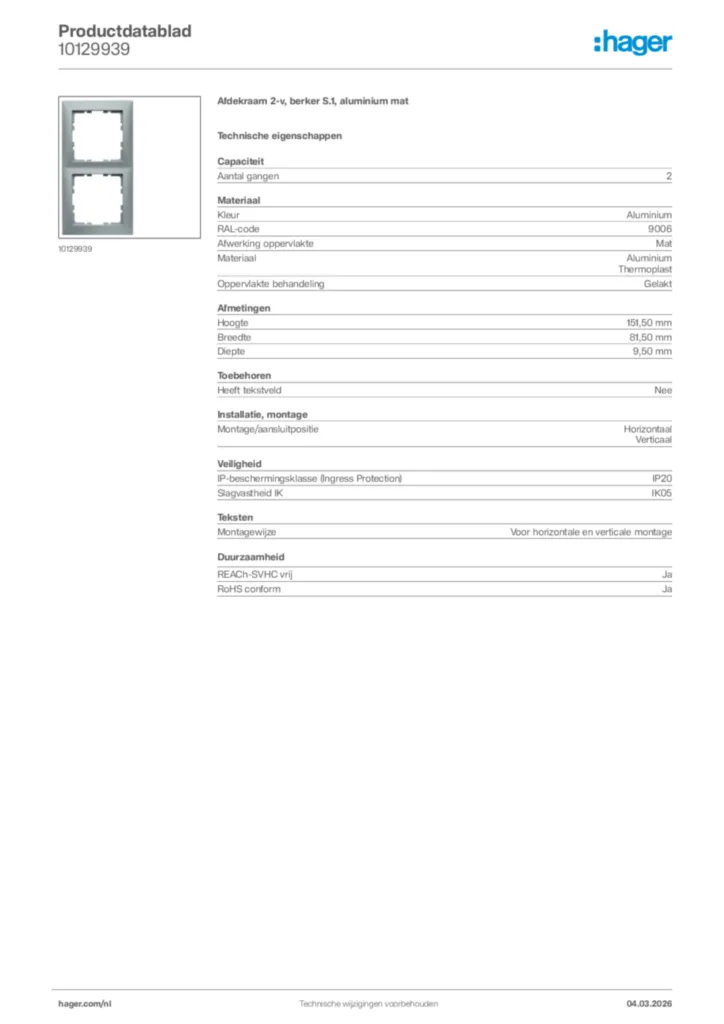 Afbeelding Hager Productdatablad 10129939 | Hager Nederland