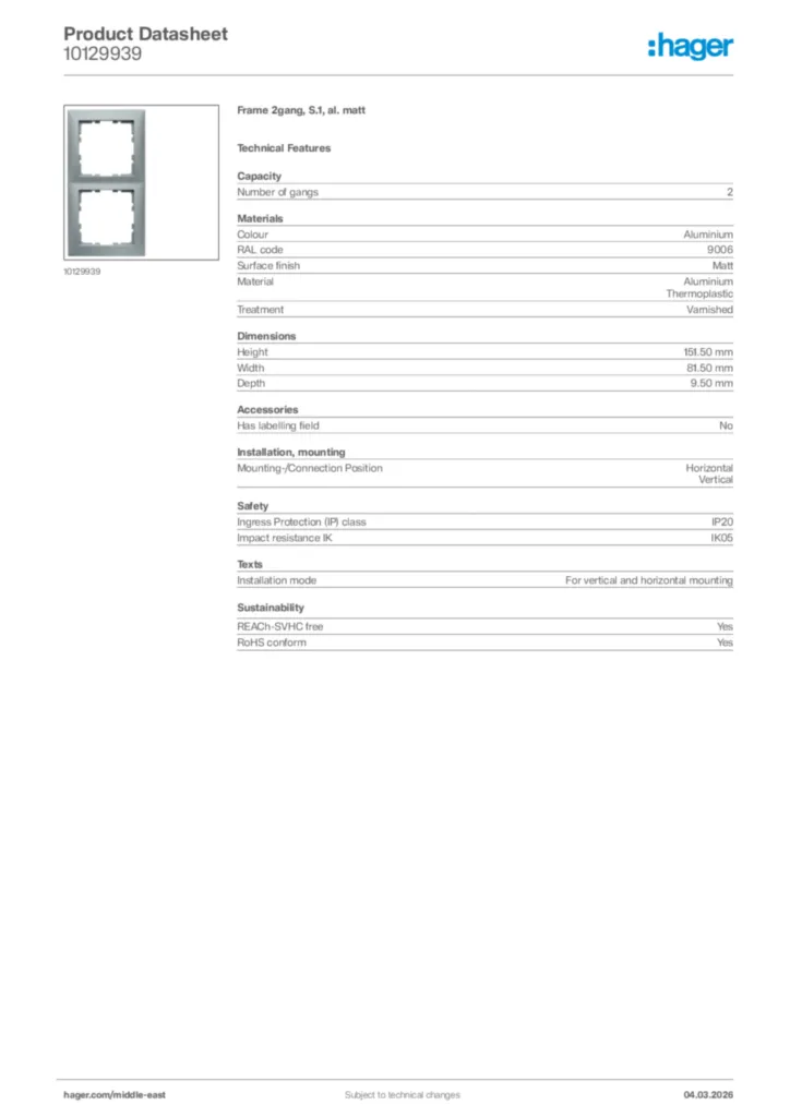 Image Hager Product data sheet 10129939  | Hager