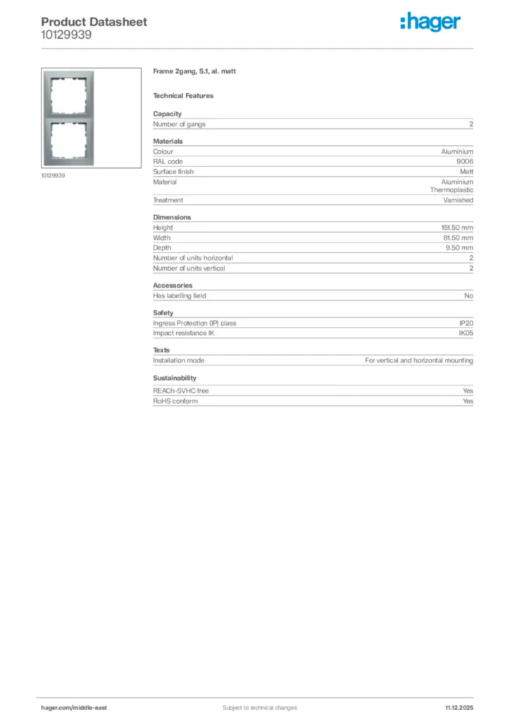Image Hager Product data sheet 10129939  | Hager