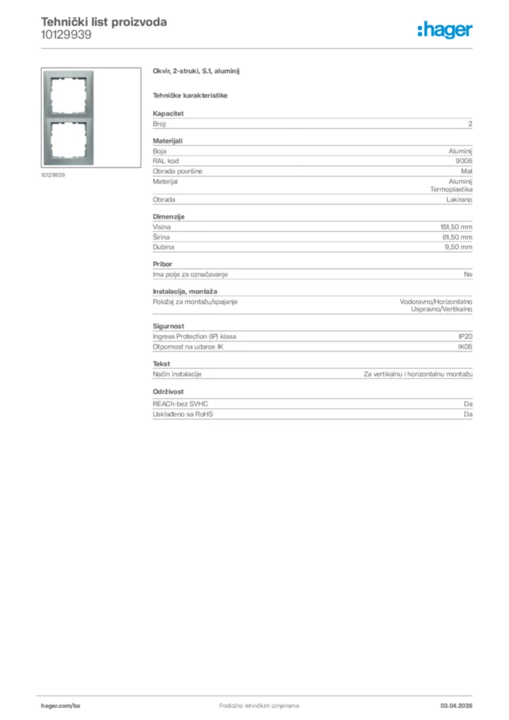 Slika Hager Tehnički list proizvoda 10129939  | Hager