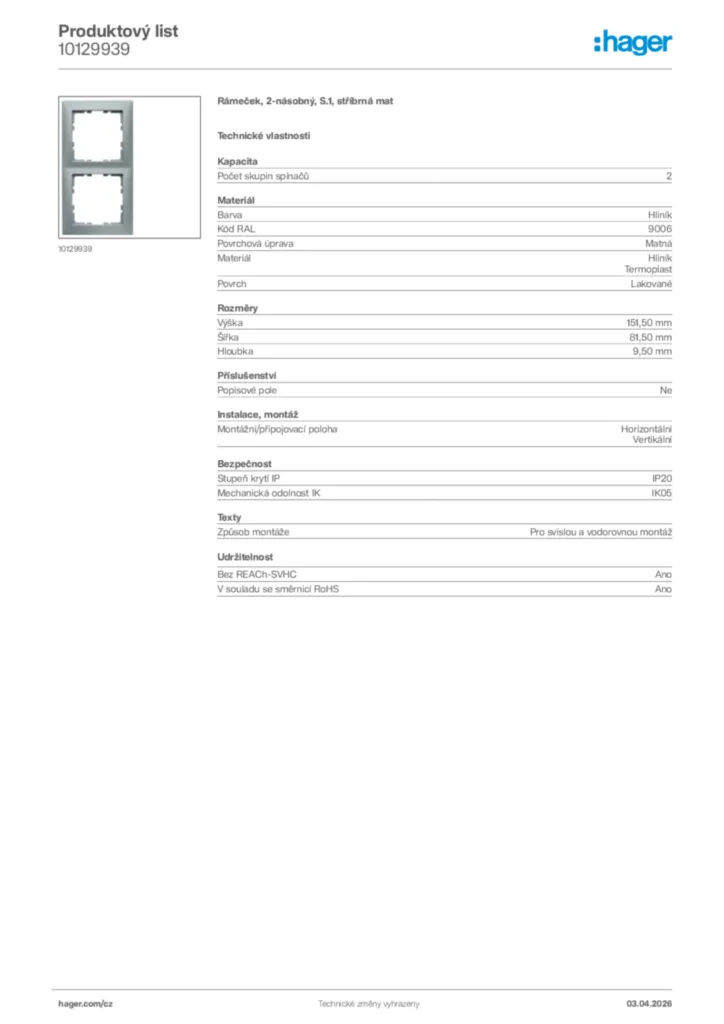 Obrázek Hager Product data sheet 10129939 | Hager