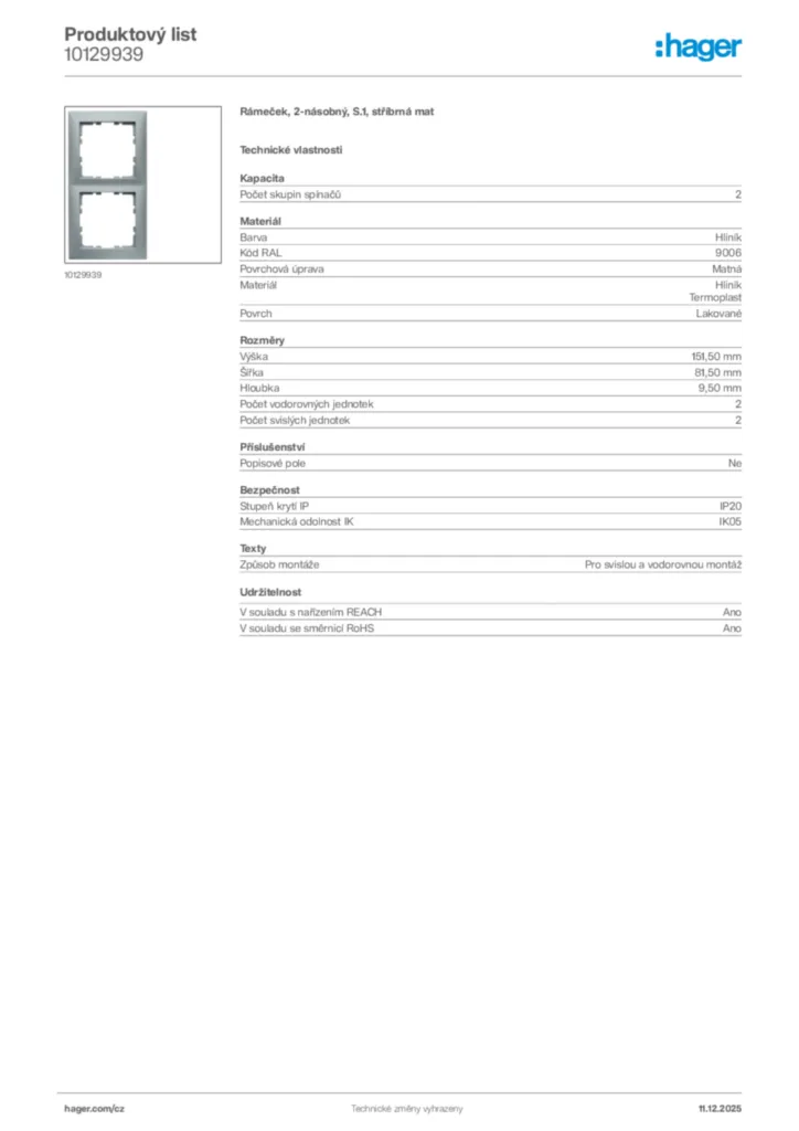 Obrázek Hager Produktový list 10129939 | Hager