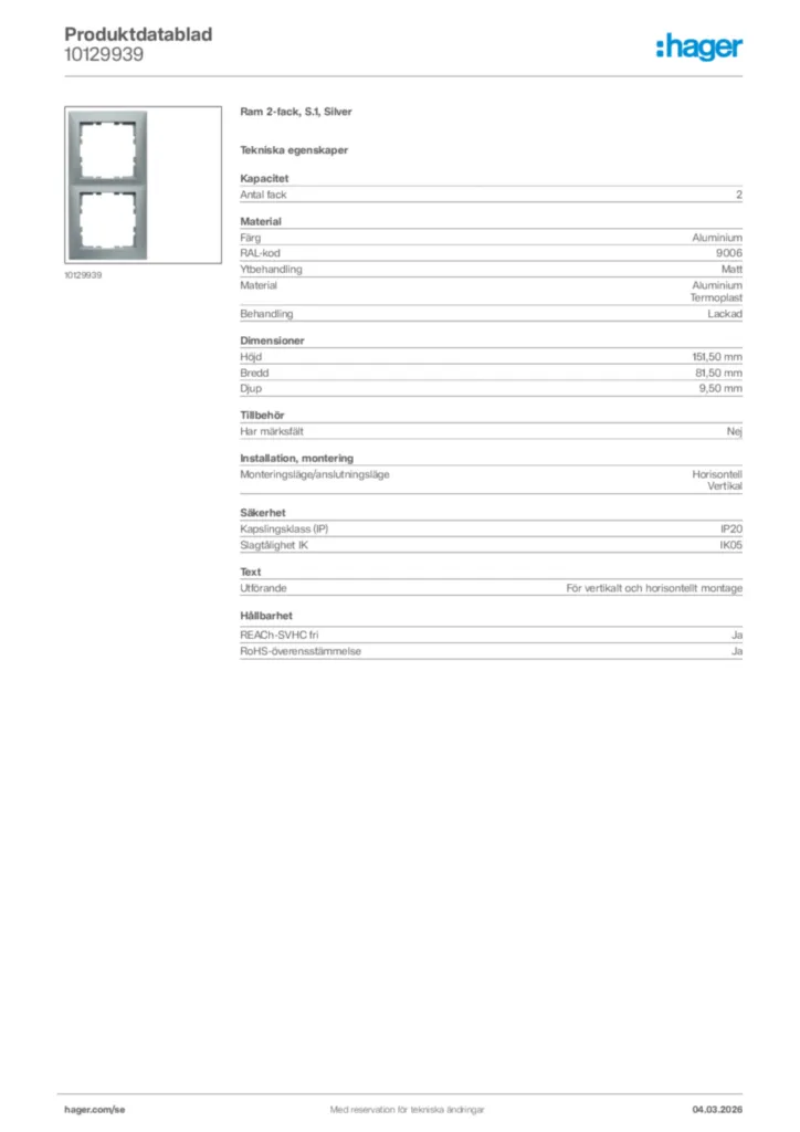 Bild Hager Produktdatablad 10129939 | Hager Sverige