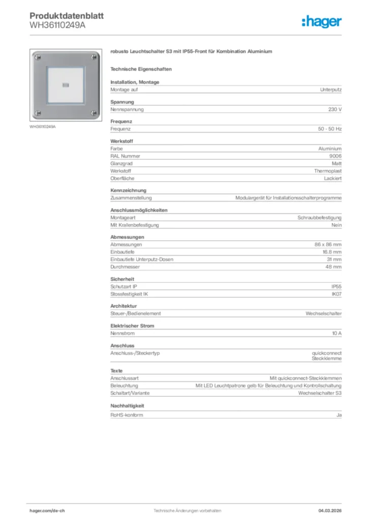 Bild Hager Produktdatenblatt WH36110249A | Hager Schweiz