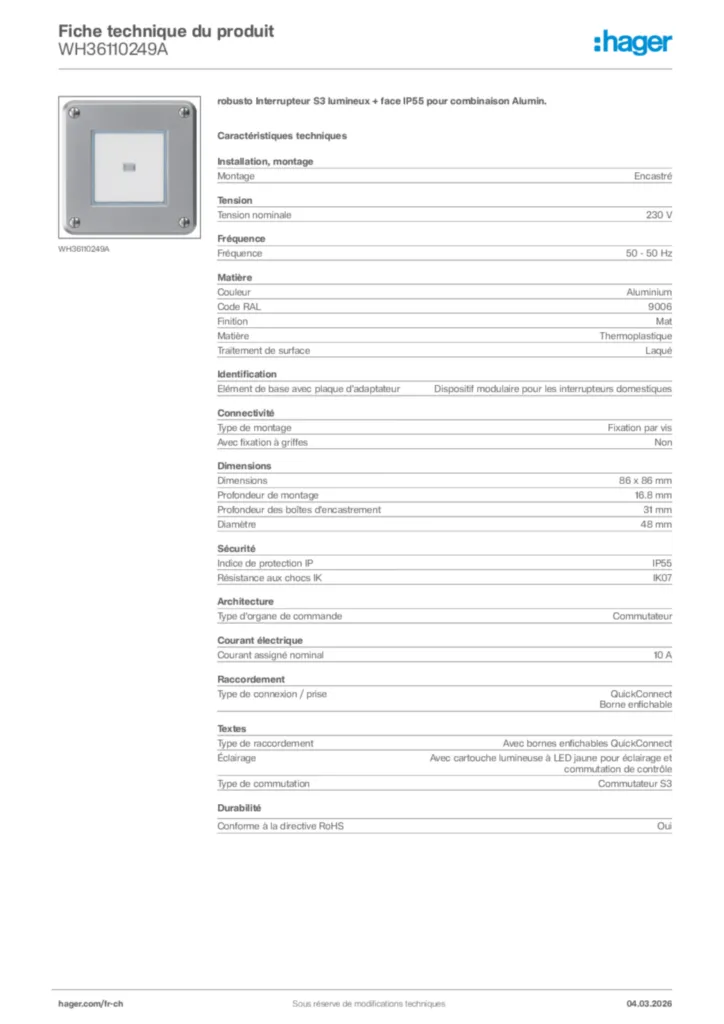 Image Hager Fiche technique du produit WH36110249A | Hager Suisse