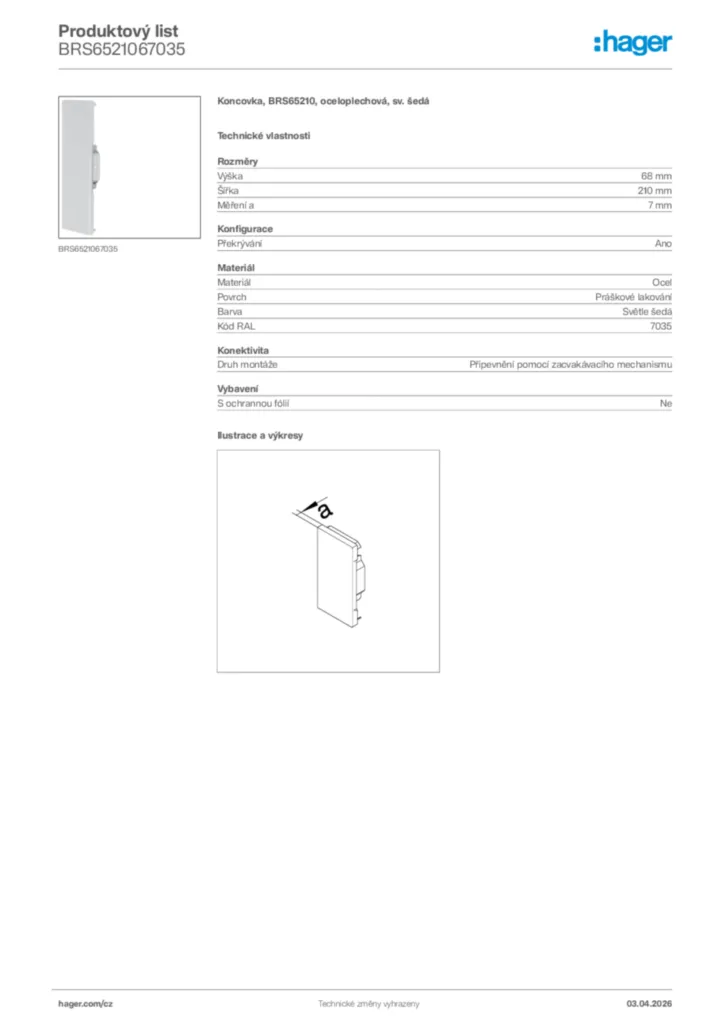 Obrázek Hager Product data sheet BRS6521067035 | Hager