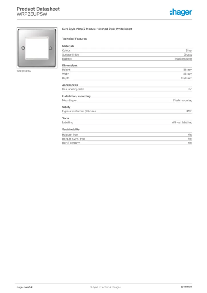 Image Hager Product data sheet WRP2EUPSW  | Hager
