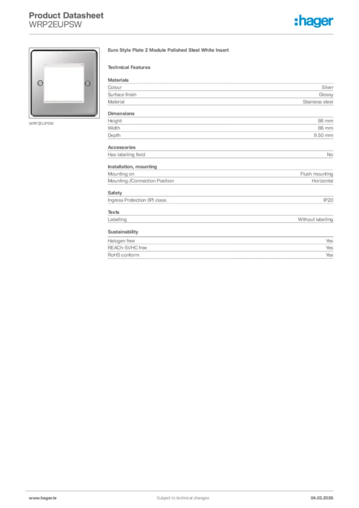 Image Hager Product data sheet WRP2EUPSW  | Hager