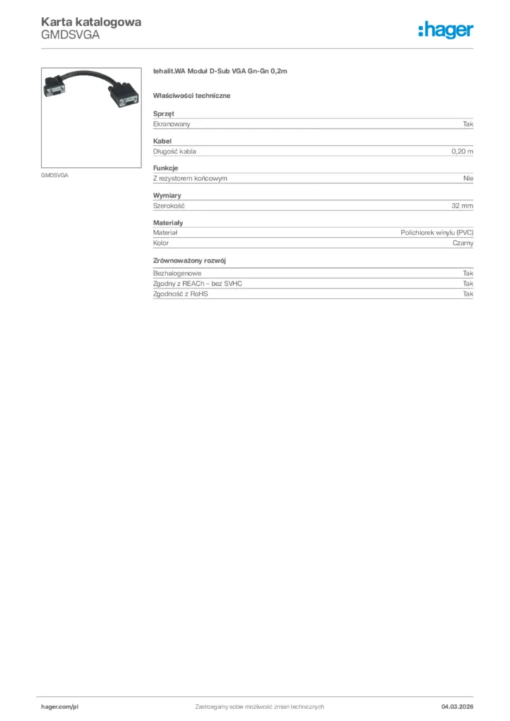 Zdjęcie Hager Karta katalogowa GMDSVGA | Hager Polska