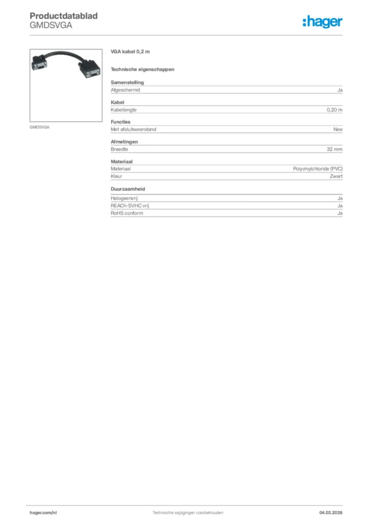 Afbeelding Hager Productdatablad GMDSVGA | Hager Nederland