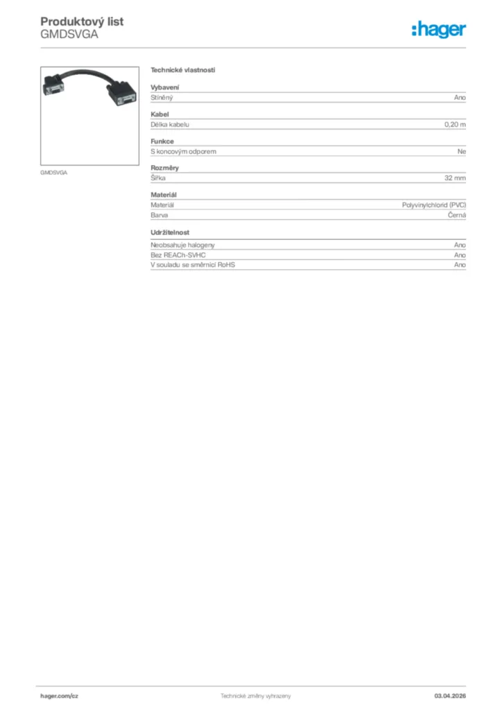 Obrázek Hager Product data sheet GMDSVGA | Hager