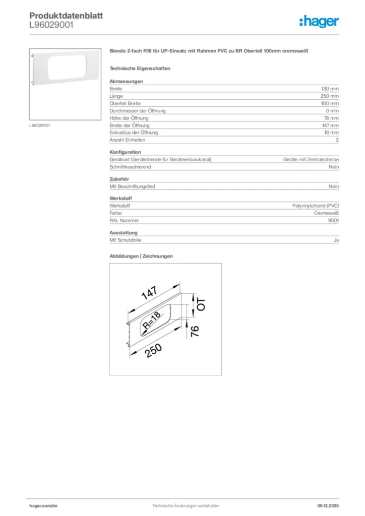 Bild Hager Produktdatenblatt L96029001 | Hager Deutschland