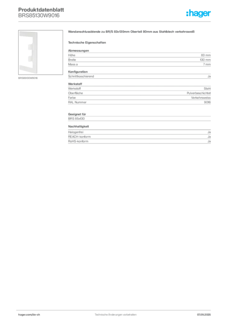 Bild Hager Produktdatenblatt BRS85130W9016 | Hager Schweiz