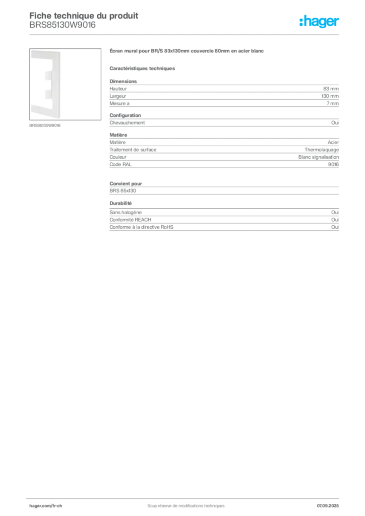 Image Hager Fiche technique du produit BRS85130W9016 | Hager Suisse