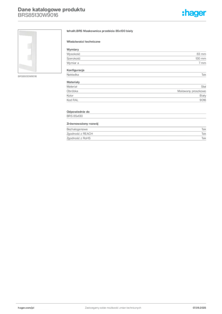 Zdjęcie Hager Dane katalogowe produktu BRS85130W9016 | Hager Polska