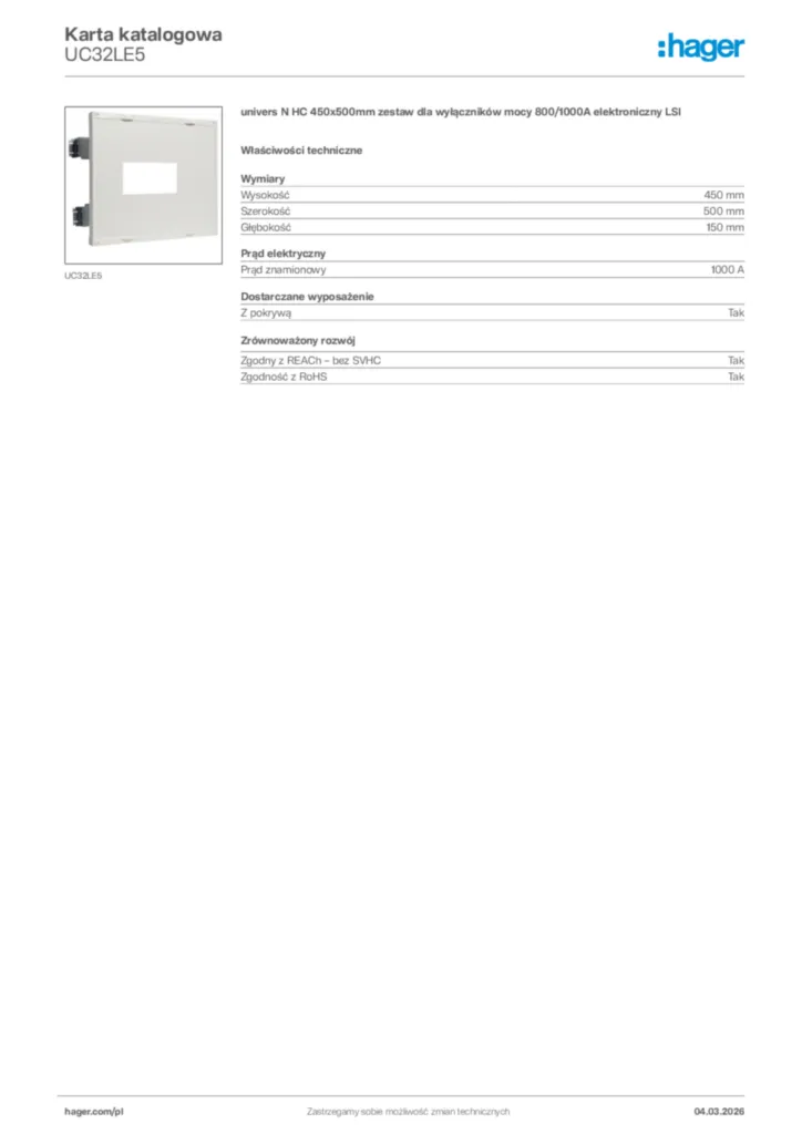 Zdjęcie Hager Karta katalogowa UC32LE5 | Hager Polska