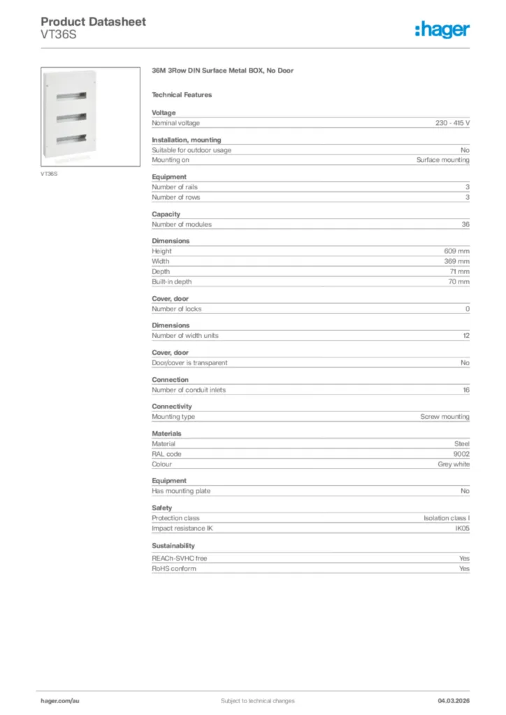 Image Hager Product data sheet VT36S  | Hager Australia