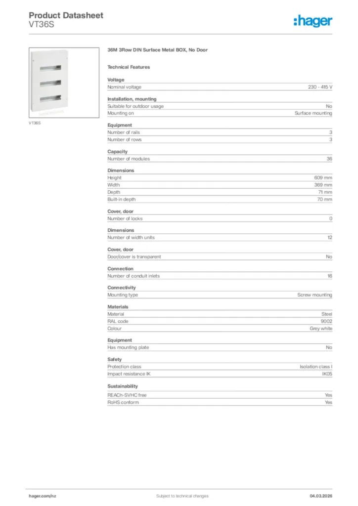 Image Hager Product data sheet VT36S  | Hager New Zealand