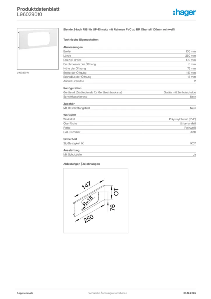 Bild Hager Produktdatenblatt L96029010 | Hager Deutschland