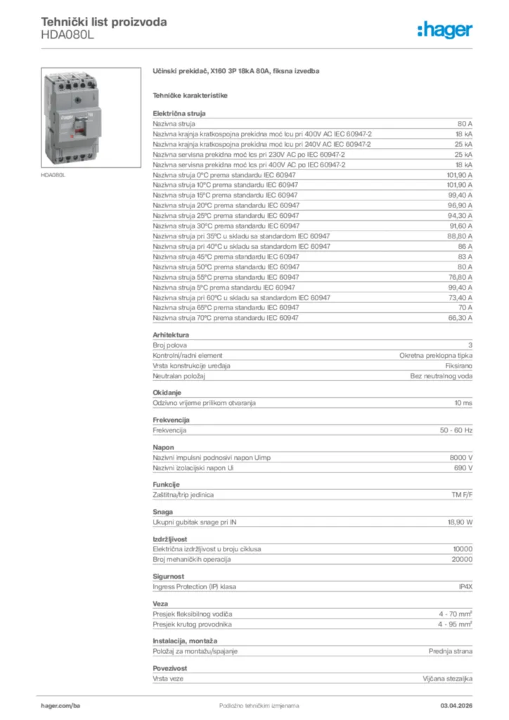 Slika Hager Tehnički list proizvoda HDA080L  | Hager