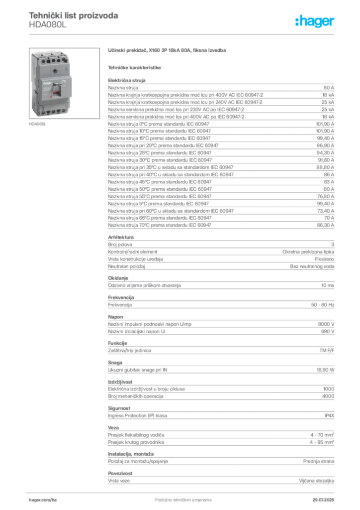 Slika Hager Product data sheet HDA080L  | Hager