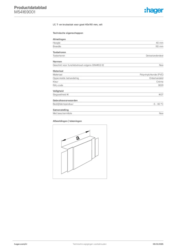 Afbeelding Hager Productdatablad M54169001 | Hager Nederland